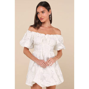 Lulus Adorable Crush Ivory Jacquard Off-the-shoulder Mini Dress White - Size S